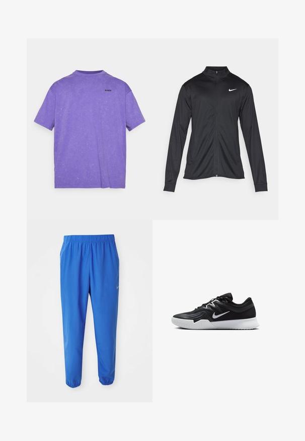 Svart idrettsjakke med lange ermer, krage og full glidelås. Har en subtil Nike-logo i hvitt på øvre venstre bryst. Glatt tekstur.; Under Armour LOGO WASH - T-shirts - lavish/white; Blå treningsbukser med elastisk midje, rett ben design og innsnevrede mansjetter. Har Nike-logo i gull på venstre side.; Svart treningssko med teksturert overdel, hvit Nike-swoosh og hvit gummisåle. Har snøring og en dynamisk form.
