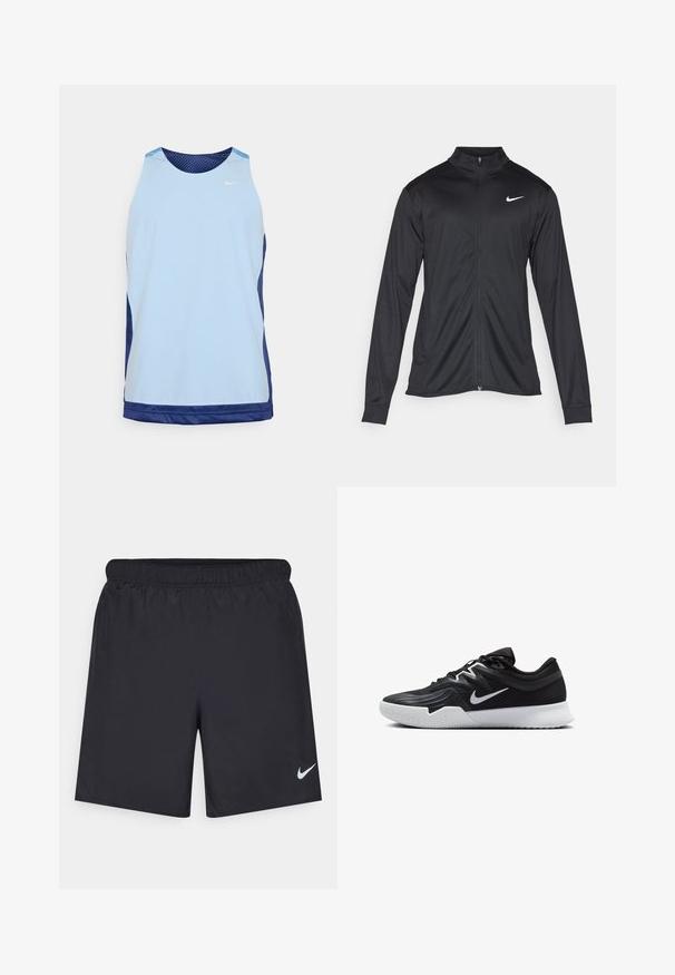 Czarna sportowa kurtka z długimi rękawami, kołnierzem i pełnym zamkiem. Posiada subtelne logo Nike w białym kolorze na lewej górnej części klatki piersiowej. Gładka tekstura.; Jasnoniebieska sportowa koszulka na ramiączkach z siateczkową strukturą, granatowymi bocznymi panelami, okrągłym dekoltem i małym białym logo na piersi.; Czarne spodenki sportowe wykonane z lekkiego materiału, z elastycznym pasem. Posiadają małe białe logo Nike na dolnej lewej stronie.; Czarne buty sportowe z teksturowaną cholewką, białym logo Nike i białą gumową podeszwą. Charakteryzują się sznurowanym zapięciem i dynamicznym kształtem.