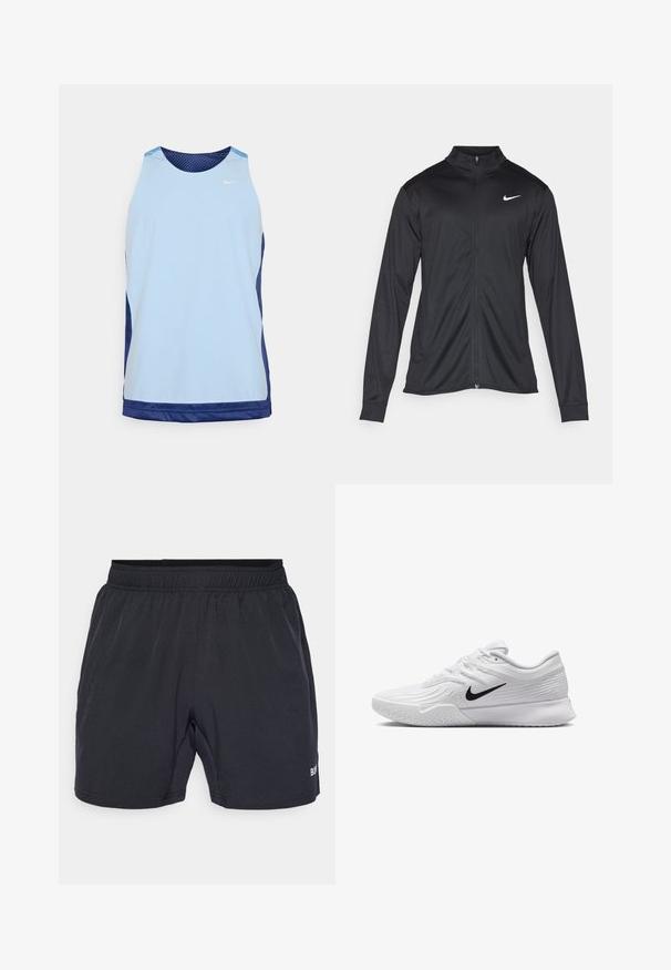 Schwarze Sportjacke mit langen Ärmeln, Kragen und voller Reißverschluss. Verfügt über ein dezentes Nike-Logo in Weiß auf der oberen linken Brust. Glatte Textur.; Hellblaues Sporttanktop mit Netzstruktur, navy-blauen Seitenpaneelen, rundem Halsausschnitt und kleinem weißen Logo auf der Brust.; Schwarze Shorts mit einem elastischen Bund, hergestellt aus glattem, leichtem Stoff, mit einem kleinen Logo auf der unteren rechten Seite.; Weißer Sportschuh mit strukturiertem Mesh-Obermaterial, schwarzem Nike-Swoosh, gepolstertem Kragen und Gummisohle mit einem Profilmuster.