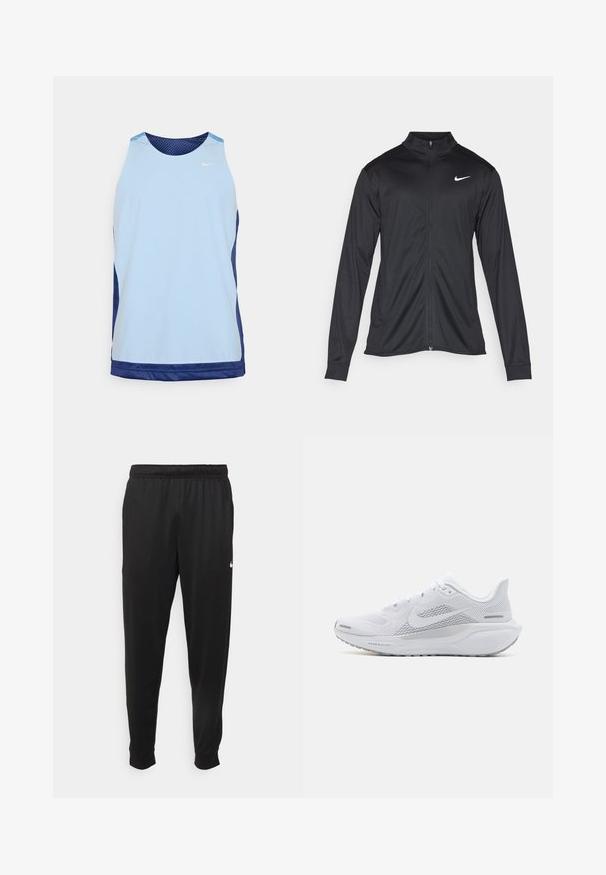 Črna atletska jakna z dolgimi rokavi, ovratnikom in polnim zadrgo. Vključuje diskreten bel Nike logotip na zgornjem levem delu prsnega koša. Gladka tekstura.; Svetlo modra športna majica brez rokavov z mrežasto teksturo, temno modrima stranskima paneloma, okroglo ovratnikom in majhnim belim logotipom na prsih.; Črne športne hlače iz gladkega materiala, z elastičnim pasom, zoženimi hlačnicami in majhnim belim logotipom na levi strani.; Bela atletska copata z mrežasto zgornjo plastjo, gladkimi teksturiranimi dodatki, sivi poudarki, vezalkami in blaženim podplatom, zasnovana za zmogljivost.