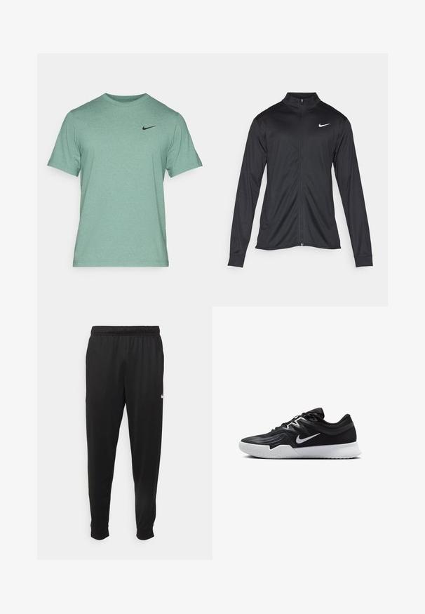 Must värvi sportlik jakk pikkade varrukatega, krae ja täispikk tõmblukk. Ülemises vasakus rinnas on diskreetne valge Nike logo. Sile tekstuur.; Nike Performance HYVERSE - Spordi T-särk - bicoastal/black; Mustad mustekad athletic-püksid sujuvast kangast, elastse vöökoha, kitsenevate jalgade ja väikese valge logoga vasakul küljel.; Must mustad jalanikesad rikaste ülaservaga, valge Nike swoosh'i ja valge kummist välispõhjaga. Omab paeltega sulgemisdetaili ja dünaamilist kuju.