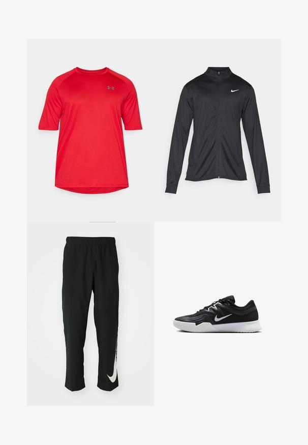 Crna sportska jakna s dugim rukavima, ovratnikom i punim patentnim zatvaračem. Ima suptilan Nike logo u bijeloj boji na gornjem lijevom dijelu prsne oznake. Glatka tekstura.; Crvena kratka sportska majica s raglan rukavima. Izrađena od tkanine koja odvlači vlagu, s diskretnim sivim logotipom na prsima.; Crne sportske hlače s elastičnim pojasom, suženi dizajn, sa velikim bijelim Nike logotipom na lijevoj nozi. Mekana, lagana tkanina.; Crna sportska cipela s teksturiranim gornjim dijelom, bijelim Nike swooshom i bijelim gumennim potplatom. Ima dizajn s vezanjem i dinamičan oblik.
