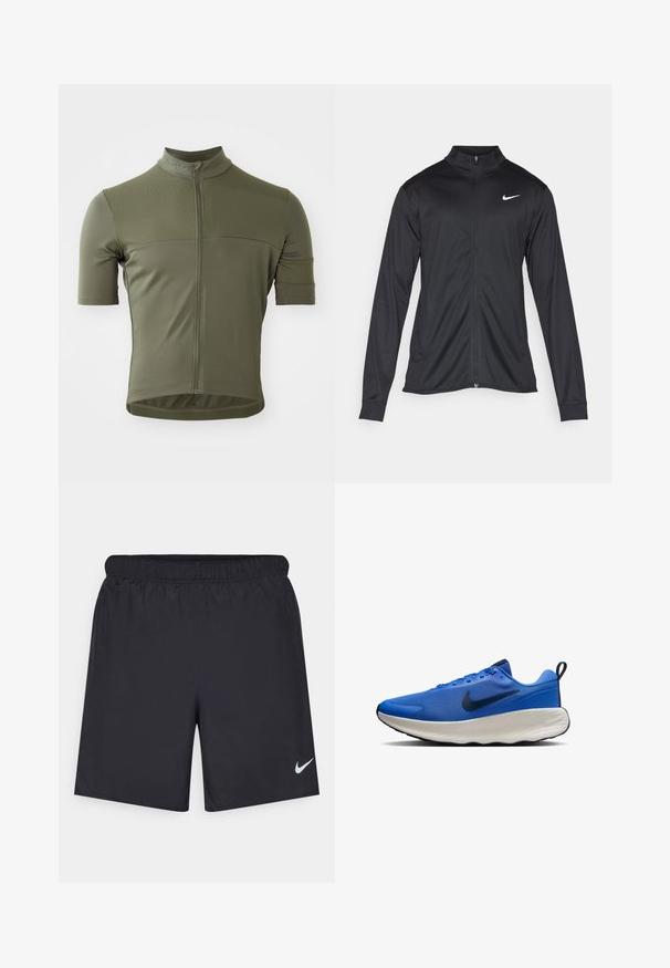 Czarna sportowa kurtka z długimi rękawami, kołnierzem i pełnym zamkiem. Posiada subtelne logo Nike w białym kolorze na lewej górnej części klatki piersiowej. Gładka tekstura.; Cyklistyczna koszulka z krótkim rękawem w oliwkowym kolorze, wykonana z teksturowanej, oddychającej tkaniny. Posiada zamek błyskawiczny z przodu i dopasowany krój.; Czarne spodenki sportowe wykonane z lekkiego materiału, z elastycznym pasem. Posiadają małe białe logo Nike na dolnej lewej stronie.; Niebieski but sportowy z teksturowanym, oddychającym wierzchem, białą podeszwą środkową, czarnymi akcentami i gumową podeszwą zewnętrzną. Posiada zapięcie na sznurówki.