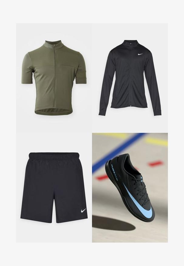 Black athletic jacket with long sleeves, collar, and full zipper. Features a subtle Nike logo in white on the upper left chest. Smooth texture.; Short-sleeve cycling jersey in olive green, made from a textured, breathable fabric. Features a front zipper and a fitted design.; Black athletic shorts made of lightweight material with an elastic waistband. Features a small white Nike logo on the lower left side.; Black athletic shoe with blue accents, textured surface, lace-up design, and distinctive Nike logo. Rubber sole with grip patterns.