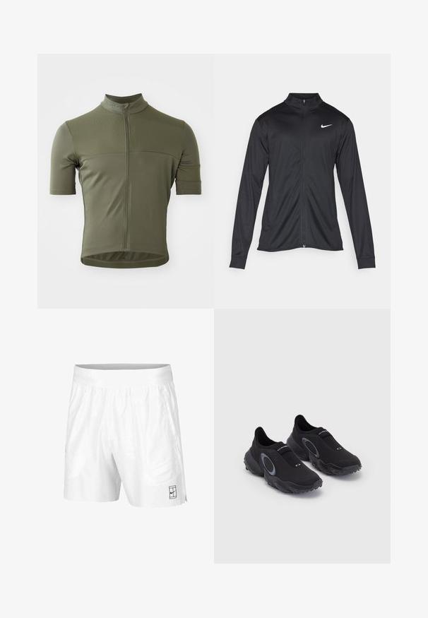 Sort atletisk jakke med lange ærmer, krave og fuld lynlås. Har et diskret Nike-logo i hvidt på den øverste venstre side af brystet. Glat tekstur.; Kortærmet cykeltrøje i olivengrøn, lavet af et tekstureret, åndbart stof. Har en frontlynlås og en tætsiddende pasform.; Hvide atletiske shorts lavet af letvægtsstof med elastisk talje, der har to sidelommer og et lille sort logo på kanten.; Sorte slip-on sneakers med en tekstureret overdel og gummisål. Har en grå cirkulær detalje og elastisk bånd over vristen for bedre pasform.