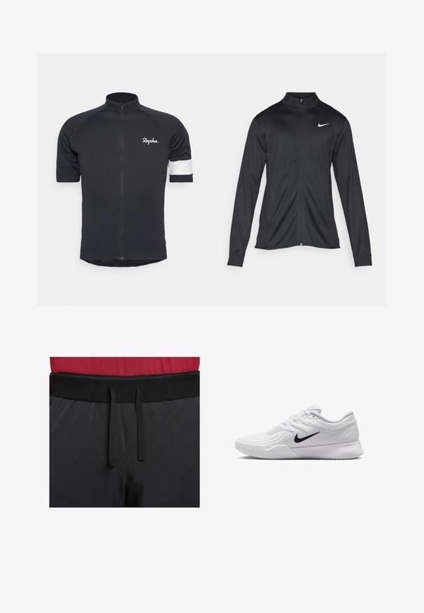Črna atletska jakna z dolgimi rokavi, ovratnikom in polnim zadrgo. Vključuje diskreten bel Nike logotip na zgornjem levem delu prsnega koša. Gladka tekstura.; Črna kolesarska majica s kratkimi rokavi in zadrgo spredaj, z belim logotipom na prsih in belimi poudarki na rokavih. Gladek tekstil.; Črne športne hlače imajo širok pas s zunanjim vrvico. Tkanina je gladka, z rahlim sijajem in brez vidnih vzorcev.; Bela športna čeveljca z teksturiranim mrežastim zgornjim delom, črn Nike znak, oblazinjen ovratnik in gumijast podplat s profilom.