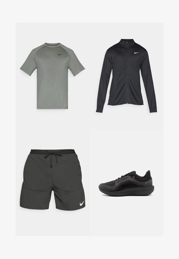 Svart idrettsjakke med lange ermer, krage og full glidelås. Har en subtil Nike-logo i hvitt på øvre venstre bryst. Glatt tekstur.; Nike kortermet t-skjorte i lys grønn, med rund hals, raglanermer og en liten svart logo på øvre venstre bryst. Glatt tekstur.; Sorte løpeshorts med elastisk midjebånd, snor, sidelommer og hvit Nike-logo nederst på venstre bein.; Svart atletisk sko med teksturert quiltet overdel, slank design og svart gummisåle. Har synlig logo og Gore-Tex-merke.