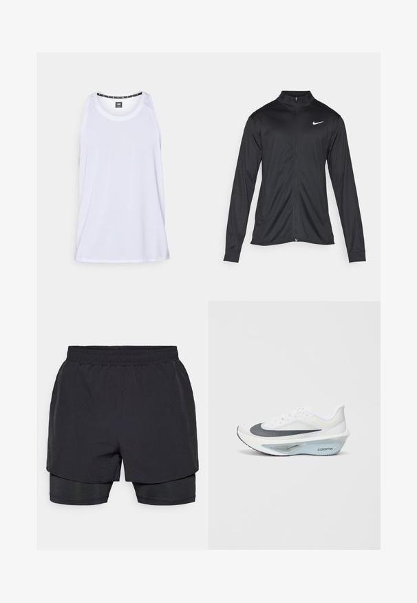 Melna sporta jaka ar garām piedurknēm, apkakli un pilnu rāvējslēdzēju. Uz kreisā krūts augšdaļas ir maigs Nike logo baltā krāsā. Gluda tekstūra.; Balta sporta bezdelīga ar teksturētu audumu, apaļu kakla izgriezumu, plašiem piedurkņu caurumiem un pogu detaļu uz pleca.; Melni sporta šorti ar elastīgu jostasvietu, slāņotā dizainā un pieguļošu iekšējo oderi. Gluda tekstūra, izstrādāti ērtai valkāšanai.; Baltas sporta apavs ar pelēku sieta augšdaļu, zilas ZoomX putas vidusdaļā un izliekts zole, kas nodrošina uzlabotu propelēšanu un komfortu.