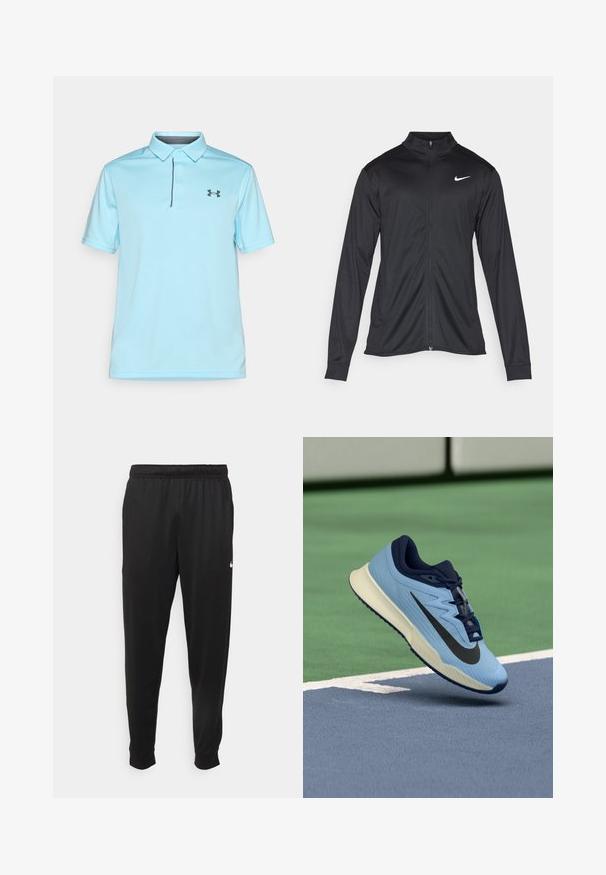 Fekete sportdzseki hosszú ujjal, gallérral és teljes cipzárral. Diszkrét fehér Nike logóval az upper bal mellen. Sima textúra.; Világoskék pólóing texturált anyagból, gallérral, három gombos gombolással és fekete logóval a bal oldalon.; Fekete sportos nadrág sima anyagból, rugalmas derékkal, szűkülő lábakkal és egy kis fehér logóval a bal oldalon.; Világoskék sportcipő sötétkék részletekkel, texturált hálós felsőrésszel és fekete Swoosh logóval. Párnázott középtalppal és gumitalppal rendelkezik.