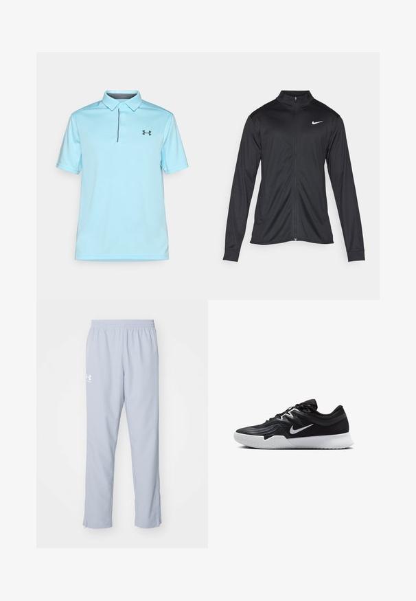 Schwarze Sportjacke mit langen Ärmeln, Kragen und voller Reißverschluss. Verfügt über ein dezentes Nike-Logo in Weiß auf der oberen linken Brust. Glatte Textur.; Helles blaues Poloshirt aus strukturiertem Stoff, mit Kragen, einer Dreiknopf-Leiste und einem schwarzen Logo auf der linken Seite.; Hellblaue Sporthose mit elastischem Bund, Seitentaschen und Reißverschlüssen an den Knöcheln. Mit einem weißen Logo auf dem linken Oberschenkel.; Schwarzer Sportschuh mit strukturiertem Obermaterial, weißem Nike-Warenzeichen und einer weißen Gummisohle. Verfügt über ein Schnürdesign und eine dynamische Form.
