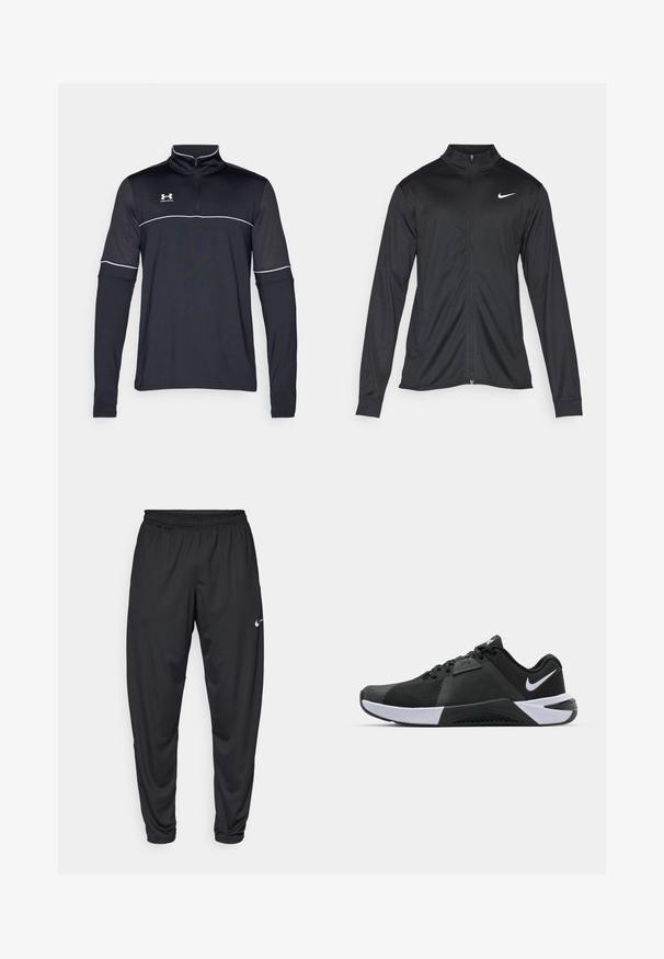 Jacket desportivo preto com mangas longas, colarinho e fecho zip completo. Apresenta um discreto logotipo da Nike em branco na parte superior do lado esquerdo do peito. Textura suave.; Camisola preta de manga longa com zíper de um quarto, com detalhes brancos e logótipo da Under Armour no lado superior esquerdo do peito, feita de um tecido liso e elástico.; Calças de atletismo pretas com um cós elástico, pernas afuniladas e um pequeno logo branco da Nike na coxa esquerda. Tecido liso, sem padrões.; Nike Performance METCON 10 - Sapatilha de treino - black/white/anthracite