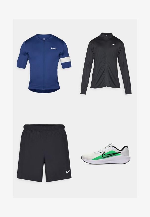 Veste de sport noire à manches longues, avec col et fermeture éclair intégrale. Présente un logo Nike subtil en blanc sur le côté supérieur gauche de la poitrine. Texture lisse.; Maillot de cyclisme bleu marine à manches courtes, avec zip intégral et un détail en stripe blanc sur la manche gauche. Fabriqué en tissu lisse et extensible.; Shorts de sport noirs en matériau léger avec une taille élastique. Présente un petit logo Nike blanc sur le bas du côté gauche.; Chaussure de sport blanche avec un accent vert, logo noir, tige en mesh, semelle rembourrée et talon arrondi. Présente des lacets et des détails contrastés.