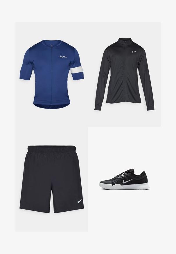 Musta urheilutakki pitkillä hihoilla, kauluksella ja kokonaisella vetoketjulla. Täydentää hienovarainen Nike-logo valkoisena vasemmassa ylärinnassa. Litteä pinta.; Laivaston pyöräilypaita lyhyillä hihoilla, täysivetoketjulla ja valkoisella raidalla vasemmassa hihassa. Valmistettu sileästä, joustavasta kankaasta.; Mustat urheilushortsit, jotka on valmistettu kevyestä materiaalista ja joissa on joustava vyötärö. Alareunassa vasemmalla puolella on pieni valkoinen Nike-logo.; Musta urheilukenkä, jossa on teksturoitu päällinen, valkoinen Nike-tikkaus ja valkoinen kumipohja. Kenkässä on nauhakuji ja dynaaminen muoto.