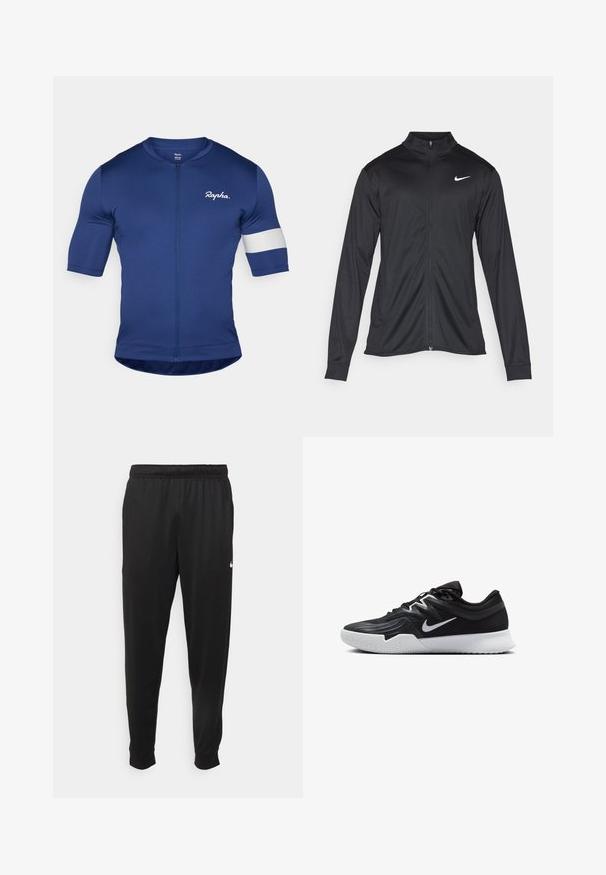 Melna sporta jaka ar garām piedurknēm, apkakli un pilnu rāvējslēdzēju. Uz kreisā krūts augšdaļas ir maigs Nike logo baltā krāsā. Gluda tekstūra.; Jūras spēku velo krekls ar īsām piedurknēm, pilnu rāvējslēdzēju un baltu svītru kreisajā piedurknes pusē. Izgatavots no gluda, elastīga auduma.; Melnas sporta bikses, kas izgatavotas no gludas auduma, ar elastīgu jostu, sašaurinošām kājām un mazu balto logo kreisajā pusē.; Melni sporta apavi ar teksturētu virsu, balto Nike zulumu un balto gumijas zoli. Iezīmējas ar auklu pievilkšanas dizainu un dinamisku formu.