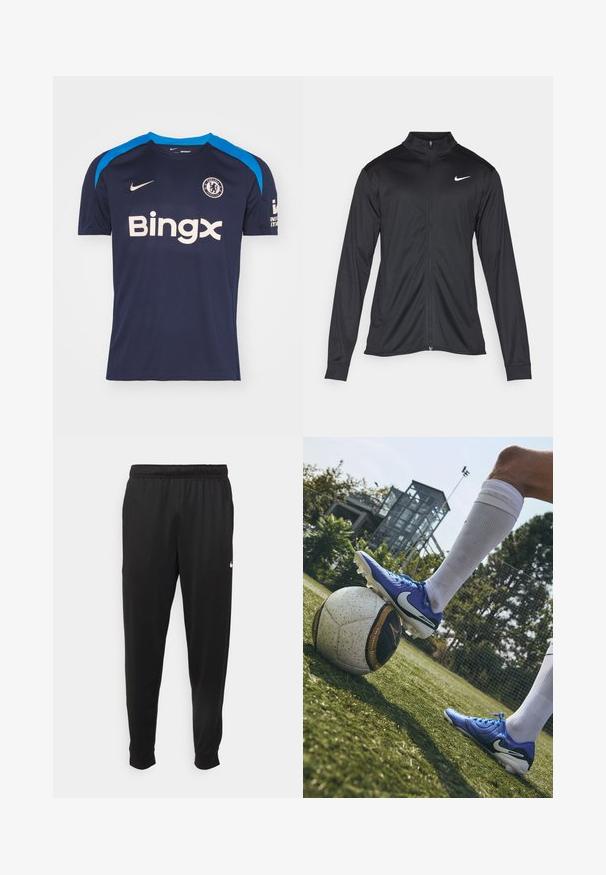 Musta urheilutakki pitkillä hihoilla, kauluksella ja kokonaisella vetoketjulla. Täydentää hienovarainen Nike-logo valkoisena vasemmassa ylärinnassa. Litteä pinta.; Tummansininen Nike-jalkapallopaita vaaleansinisillä yksityiskohdilla, jossa on pyöreä kaula-aukko, lyhyet hihat ja "Bingx"-logo vaaleassa värissä edessä. Chelsea-kilpi mukana.; Mustat urheiluhousut, jotka on valmistettu sileästä kankaasta. Niissä on joustava vyötärö, kapenevat lahkeet ja pieni valkoinen logo vasemmalla puolella.; Nike jalkapallokengät sinisessä, teksturoidussa synteettisessä päällisessä, valkoisilla yksityiskohdilla, kulmassa kuvioidun mustavalkoisen jalkapallon päällä, vihreällä nurmella.