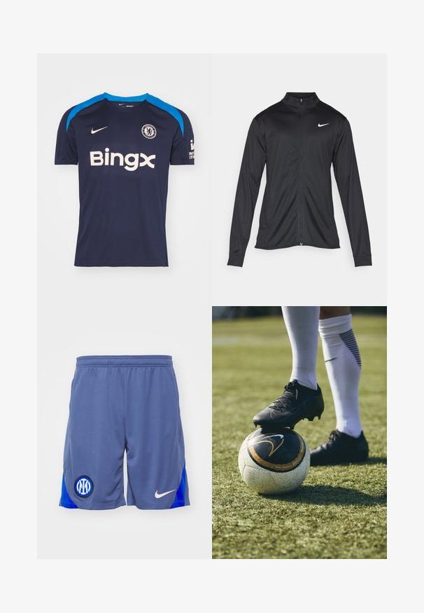 Czarna sportowa kurtka z długimi rękawami, kołnierzem i pełnym zamkiem. Posiada subtelne logo Nike w białym kolorze na lewej górnej części klatki piersiowej. Gładka tekstura.; Granatowa koszulka piłkarska Nike z jasnoniebieskimi akcentami, z okrągłym dekoltem, krótkimi rękawami i kremowym logo "Bingx" z przodu. Zawiera herb Chelsea.; Szare spodenki sportowe z niebieskim panelem bocznym, z czarno-niebieskim logo na lewej nodze i białym znakiem Nike po prawej stronie.; Czarne korki piłkarskie na białej i czarnej piłce do futbolu, leżącej na zielonej trawie. Kotek ma teksturowany materiał i sznurówki.
