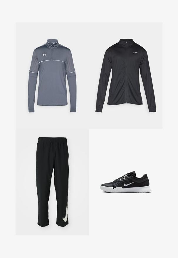 Crna sportska jakna s dugim rukavima, ovratnikom i punim patentnim zatvaračem. Ima suptilan Nike logo u bijeloj boji na gornjem lijevom dijelu prsne oznake. Glatka tekstura.; Sivi sportski majica s polu patent zatvaračem i dugim rukavima s bijelim akcentom, izrađena od laganog, prozračnog materijala. Sadrži logo na lijevoj strani prsa.; Crne sportske hlače s elastičnim pojasom, suženi dizajn, sa velikim bijelim Nike logotipom na lijevoj nozi. Mekana, lagana tkanina.; Crna sportska cipela s teksturiranim gornjim dijelom, bijelim Nike swooshom i bijelim gumennim potplatom. Ima dizajn s vezanjem i dinamičan oblik.
