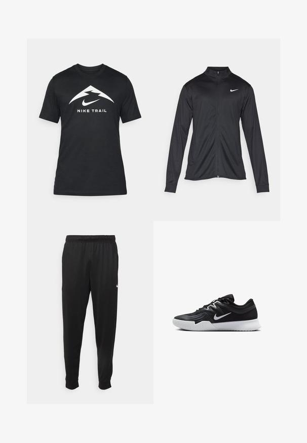 Svart idrettsjakke med lange ermer, krage og full glidelås. Har en subtil Nike-logo i hvitt på øvre venstre bryst. Glatt tekstur.; Svart Nike Trail t-skjorte med korte ermer, med en hvit logo og trekantdesig på forsiden. Laget av glatt, lett stoff.; Svarte treningsbukser laget av glatt stoff, med elastisk midje, smale ben og en liten hvit logo på venstre side.; Svart treningssko med teksturert overdel, hvit Nike-swoosh og hvit gummisåle. Har snøring og en dynamisk form.