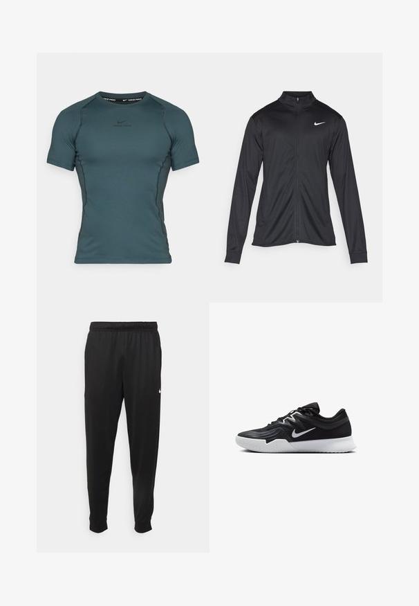 Jacket desportivo preto com mangas longas, colarinho e fecho zip completo. Apresenta um discreto logotipo da Nike em branco na parte superior do lado esquerdo do peito. Textura suave.; Camisa de manga curta Nike Pro em azul-teal escuro, feita de um tecido suave e elástico, com decote redondo e um detalhe discreto do logo no peito.; Calças de desporto pretas feitas de tecido suave, com uma cintura elástica, pernas ajustadas e um pequeno logo branco no lado esquerdo.; Sapatilha atlética preta com um cabedal texturizado, swoosh branco da Nike e uma sola de borracha branca. Apresenta um design com atacadores e uma forma dinâmica.