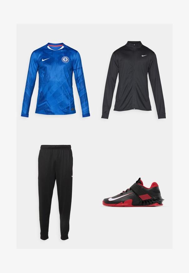Black athletic jacket with long sleeves, collar, and full zipper. Features a subtle Nike logo in white on the upper left chest. Smooth texture.; Blue long-sleeve football jersey with a geometric pattern, Nike logo, and Chelsea FC emblem. Features a round neck with red and white accents.; Black athletic pants made of smooth fabric, featuring an elastic waistband, tapered legs, and a small white logo on the left side.; Black and red athletic sneakers featuring a sleek design, textured mesh upper, sturdy rubber sole, and prominent white logo accent.