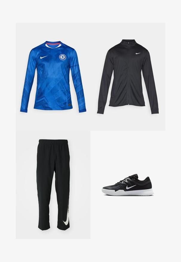 Black athletic jacket with long sleeves, collar, and full zipper. Features a subtle Nike logo in white on the upper left chest. Smooth texture.; Blue long-sleeve football jersey with a geometric pattern, Nike logo, and Chelsea FC emblem. Features a round neck with red and white accents.; Black athletic pants with elastic waistband, tapering design, featuring a large white Nike logo on the left leg. Soft, lightweight fabric.; Black athletic shoe with a textured upper, white Nike swoosh, and a white rubber outsole. Features a lace-up design and dynamic shape.