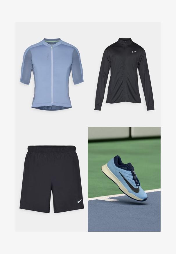 Crna sportska jakna s dugim rukavima, ovratnikom i punim patentnim zatvaračem. Ima suptilan Nike logo u bijeloj boji na gornjem lijevom dijelu prsne oznake. Glatka tekstura.; Svijetloplavi biciklistički dres kratkih rukava, lagana teksturirana tkanina, prednji zatvarač i uske siluete. Ima kontrastni ovratnik.; Crne atletske kratke hlače od laganog materijala s elastičnom tačkom. Imaju mali bijeli Nike logo na donjoj lijevoj strani.; Svijetloplave atletske cipele s tamnoplavim akcentima, teksturiranim mrežastim gornjim dijelom i crnim Swoosh logotipom. Imaju podstavljeni međupotplat i gumeni potplat.