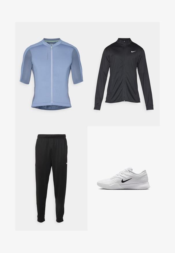 Svart idrettsjakke med lange ermer, krage og full glidelås. Har en subtil Nike-logo i hvitt på øvre venstre bryst. Glatt tekstur.; Lyseblå sykkeltrøye med korte ermer, lett teksturert stoff, frontglidelås og en tettsittende design. Har en kontrasterende krage.; Svarte treningsbukser laget av glatt stoff, med elastisk midje, smale ben og en liten hvit logo på venstre side.; Hvit atletisk sko med teksturert mesh-overdel, svart Nike-svush, polstret krage og gummisåle med mønster.
