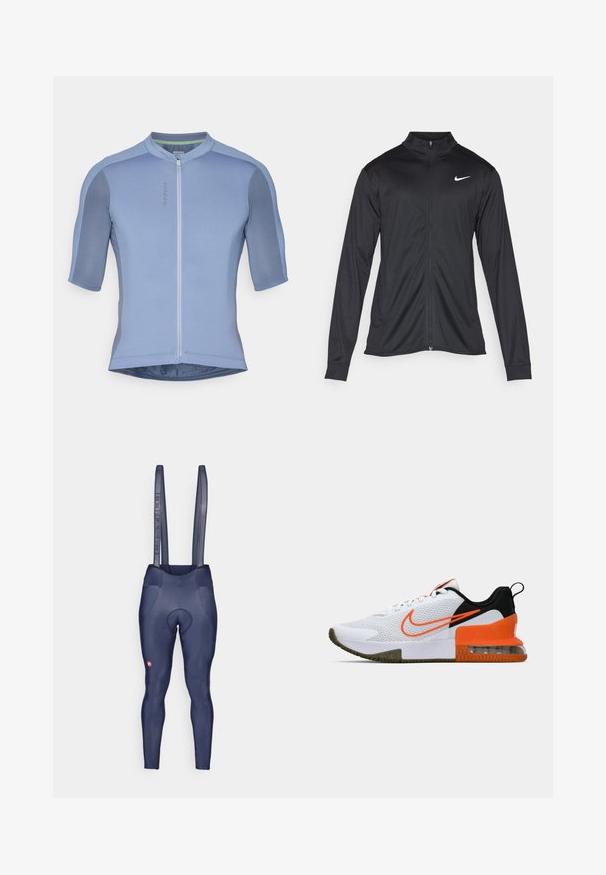 Schwarze Sportjacke mit langen Ärmeln, Kragen und voller Reißverschluss. Verfügt über ein dezentes Nike-Logo in Weiß auf der oberen linken Brust. Glatte Textur.; Helles blaues Fahrradtrikot mit kurzen Ärmeln, leichtem strukturierten Stoff, Reißverschluss vorne und taillierter Passform. Mit einem kontrastierenden Kragen.; Navyfarbene Fahrrad-Latzhosen mit Netzträgern, gepolstertem Sitzbereich, glatter Stofftextur und einem kleinen Logo am Unterschenkel.; Weißer Sportschuh mit einem strukturierten Mesh-Obermaterial, schwarzen und orangefarbenen Akzenten, einer dicke Gummisohle und einem klaren Luftkissenbereich an der Ferse.
