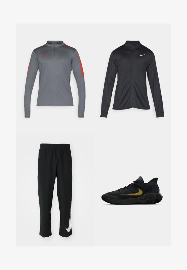 Jacket desportivo preto com mangas longas, colarinho e fecho zip completo. Apresenta um discreto logotipo da Nike em branco na parte superior do lado esquerdo do peito. Textura suave.; Nike Performance ACADEMY DRILL TOP - Camisola de manga comprida - iron grey/dragon red; Calças atléticas pretas com cintura elástica, design afunilado, apresentando um grande logótipo branco da Nike na perna esquerda. Tecido macio e leve.; Tênis atlético preto e cinza escuro com cadarços pretos e logotipo swoosh dourado, apresentando um design de sola ondulada e colarinho acolchoado no calcanhar.