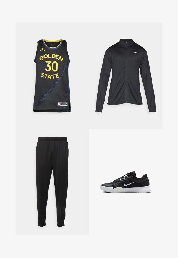 Jacket desportivo preto com mangas longas, colarinho e fecho zip completo. Apresenta um discreto logotipo da Nike em branco na parte superior do lado esquerdo do peito. Textura suave.; Camisola de basquetebol preta com "GOLDEN STATE" e "30" em amarelo, com detalhes em azul e tecido texturizado. Logotipo da NBA na bainha.; Calças de desporto pretas feitas de tecido suave, com uma cintura elástica, pernas ajustadas e um pequeno logo branco no lado esquerdo.; Sapatilha atlética preta com um cabedal texturizado, swoosh branco da Nike e uma sola de borracha branca. Apresenta um design com atacadores e uma forma dinâmica.