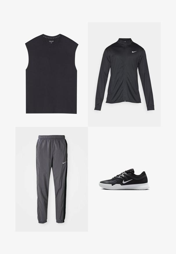 Melna sporta jaka ar garām piedurknēm, apkakli un pilnu rāvējslēdzēju. Uz kreisā krūts augšdaļas ir maigs Nike logo baltā krāsā. Gluda tekstūra.; Melnā bez piedurknēm topiņš ar apaļu dekoltē, rotāts ar dekoratīvajiem nagliņiem gar iekšējo apkakles malu. Izgatavots no gludas auduma ar brīvu piegriezumu.; Nike sporta bikses, izgatavotas no viegla auduma, tumši pelēkā krāsā ar melnām sānu paneļiem. Iezīme – elastīga josta un atstarojošs logo.; Melni sporta apavi ar teksturētu virsu, balto Nike zulumu un balto gumijas zoli. Iezīmējas ar auklu pievilkšanas dizainu un dinamisku formu.