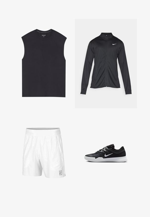 Fekete sportdzseki hosszú ujjal, gallérral és teljes cipzárral. Diszkrét fehér Nike logóval az upper bal mellen. Sima textúra.; Fekete, ujj nélküli felső, kerek nyakkivágással, díszstudokkal a gallér belső szélén. Simára megmunkált anyagból készült, laza szabással.; Fehér atlétikai rövidnadrág, könnyű anyagból, rugalmas derékkal, két oldalsó zsebbel és egy kis fekete logóval az alján.; Fekete sportcipő texturált felsőrésszel, fehér Nike logóval és fehér gumitalppal. Fűzős kialakítással és dinamikus formával rendelkezik.