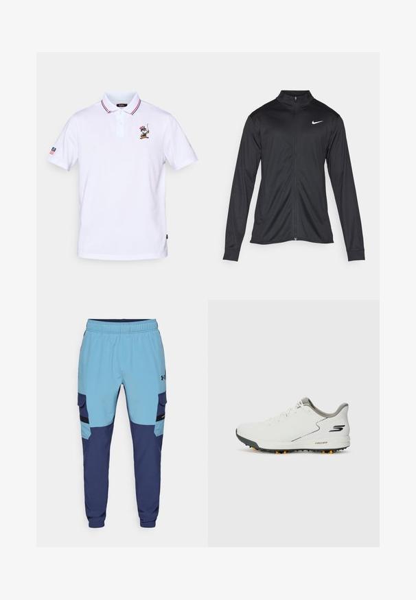 Jachetă sportivă neagră cu mâneci lungi, guler și fermoar complet. Prezintă un logo Nike subtil, alb, pe pieptul din stânga sus. Textură netedă.; Cămașă polo albă cu guler în dungi roșii și albastre, cu trei butoane și un design brodat al unei personaje pe piept.; Pantaloni de trening bleu și navy cu talie elastică, buzunare laterale și accente de stil cargo. Fabricat dintr-un material moale și respirabil.; Pantof cu aspect sportiv, de culoare albă, cu o parte superioară netedă, accente gri și o talpă texturată de culoare neagră, dotată cu fiecare vârf portocalie. Design ușor, axat pe confort.