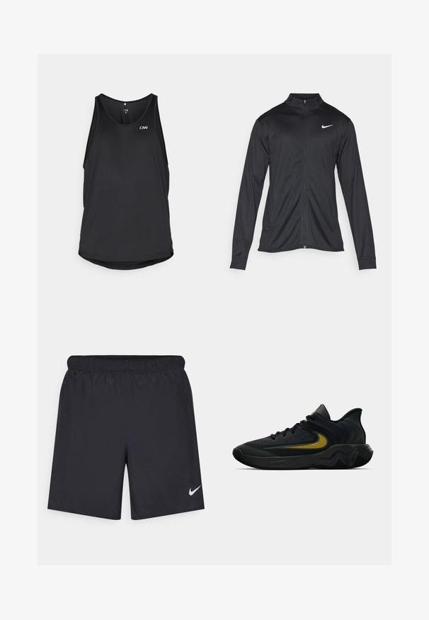 Black athletic jacket with long sleeves, collar, and full zipper. Features a subtle Nike logo in white on the upper left chest. Smooth texture.; ICANIWILL STRIDE STRINGER MEN - Top - black; Black athletic shorts made of lightweight material with an elastic waistband. Features a small white Nike logo on the lower left side.; Black and dark gray athletic shoe with black laces and gold swoosh logo, featuring a wavy sole design and padded heel collar.