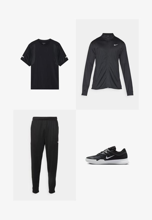 Jacket desportivo preto com mangas longas, colarinho e fecho zip completo. Apresenta um discreto logotipo da Nike em branco na parte superior do lado esquerdo do peito. Textura suave.; T-shirt atlético preto com mangas curtas, apresentando tecido suave e painéis texturizados discretos nas laterais, decote redondo e detalhes mínimos.; Calças de desporto pretas feitas de tecido suave, com uma cintura elástica, pernas ajustadas e um pequeno logo branco no lado esquerdo.; Sapatilha atlética preta com um cabedal texturizado, swoosh branco da Nike e uma sola de borracha branca. Apresenta um design com atacadores e uma forma dinâmica.