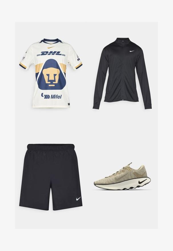 Svart idrettsjakke med lange ermer, krage og full glidelås. Har en subtil Nike-logo i hvitt på øvre venstre bryst. Glatt tekstur.; Hvit sportsdrakt med marineblå og gull aksenter. Har et løvegrafikk, "DHL"-logo og "Mifel"-merke. Kortermet og rund hals design.; Svart sportskjørt laget av lett materiale med elastisk linning. Har en liten hvit Nike-logo nederst til venstre.; Beige idrettssko med et teksturert mesh-overdel, buet hvit mellomsåle, svart yttersåle og et subtilt kamuflasjemønster. Har lisser og øyelet.