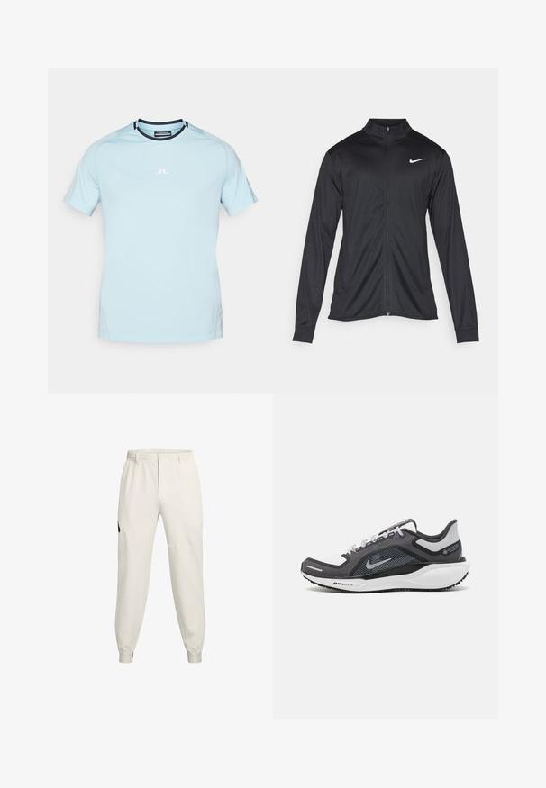 Must värvi sportlik jakk pikkade varrukatega, krae ja täispikk tõmblukk. Ülemises vasakus rinnas on diskreetne valge Nike logo. Sile tekstuur.; Heled sinine spordi T-särk, mis on valmistatud niiskust imavast kangast. Omab ümarat kaelust, lühikesi varrukaid ning ees on väike valge logo.; Heledesbeez jogger-püksid, veniva vöökoha, küljetaskute ja soonikuga varrukatekestega; funktsioneerivad must logo aktsent vasakul puusal.; Mustern ja hallide värvusega spordijalats, millel on võrgusilmast ülemine osa, peegeldavad aktsendid ja valge vaheosa. Omab tekstuuriga kummist välisosa ja kingapaelu.