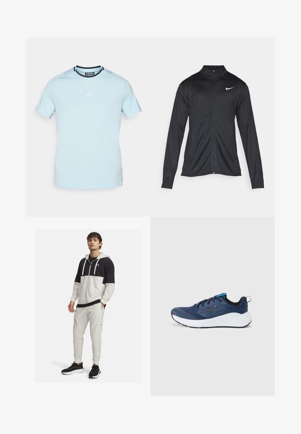 Černá sportovní bunda s dlouhými rukávy, límcem a plným zipem. Má decentní bílou logo značky Nike na horní levé části hrudi. Hladká textura.; Světle modré atletické tričko vyrobené z materiálu odvádějícího vlhkost. Má kulatý výstřih, krátké rukávy a malé bílé logo na přední straně.; Mikina s kapucí v černé a bílé barvě se zipem; spárována s bílými teplákami s kapsami a elastickými manžetami; černé tenisky.; Námořnické modré sportovní boty s síťovaným svrškem, bílou mezipodešví, černými akcenty, texturovaným designem a modrým detailem jazyka. Sytlové šněrování.