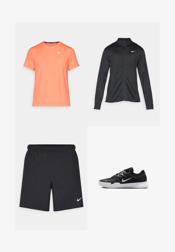 Must värvi sportlik jakk pikkade varrukatega, krae ja täispikk tõmblukk. Ülemises vasakus rinnas on diskreetne valge Nike logo. Sile tekstuur.; Lühikeste varrukatega, ümarakaelusega T-särk erksas koralloranžis, valmistatud siledast kangast, mille vasakul rindkerel on väike valge Nike logo.; Mustad mustikud lühikesed püksid, mis on valmistatud kergest materjalist ja millel on elastne vöökoht. Alumisel vasakul küljel on väike valge Nike logo.; Must mustad jalanikesad rikaste ülaservaga, valge Nike swoosh'i ja valge kummist välispõhjaga. Omab paeltega sulgemisdetaili ja dünaamilist kuju.