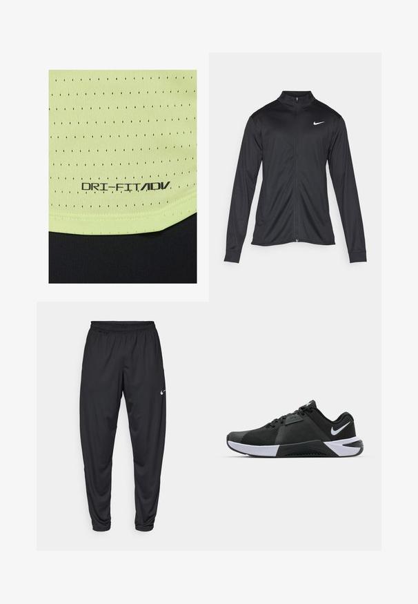 Jachetă sportivă neagră cu mâneci lungi, guler și fermoar complet. Prezintă un logo Nike subtil, alb, pe pieptul din stânga sus. Textură netedă.; Un material textil verde deschis, cu textură, având mici perforații negre. Eticheta spune "DRI-FIT/ADV" în negru. Prezintă o bandă neagră la baza.; Pantaloni atletici negri cu un elastic la talie, picioare conice și un mic logo alb Nike pe coapsa stângă. Material neted, fără modele.; Nike Performance METCON 10 - Pantofi training - black/white/anthracite