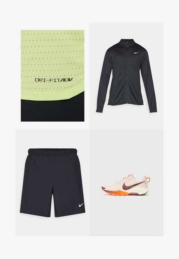 Chaqueta atlética negra con mangas largas, collar y cremallera completa. Presenta un sutil logo de Nike en blanco en la parte superior izquierda del pecho. Textura suave.; Tejido verde claro y texturizado con pequeñas perforaciones negras. La etiqueta dice "DRI-FIT/ADV" en negro. Presenta una banda negra en la parte inferior.; Pantalones cortos deportivos negros hechos de un material ligero con una cintura elástica. Presenta un pequeño logo blanco de Nike en la parte inferior izquierda.; Nike Performance REACTX PEGASUS 5 - Zapatillas de trail running - silt red/ team red/hyper crimson/sail/glacier blue