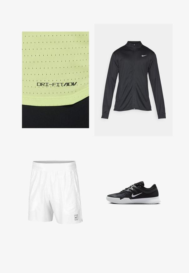 Musta urheilutakki pitkillä hihoilla, kauluksella ja kokonaisella vetoketjulla. Täydentää hienovarainen Nike-logo valkoisena vasemmassa ylärinnassa. Litteä pinta.; Vihreä, teksturoitu kangas, jossa on pieniä mustia reikiä. Tunnisteessa lukee "DRI-FIT/ADV" mustalla. Alareunassa on musta nauha.; Valkoiset urheilushortsit, jotka on valmistettu kevyestä kankaasta, joustovyötäröllä. Siinä on kaksi sivutaskua ja pieni musta logo helman kohdalla.; Musta urheilukenkä, jossa on teksturoitu päällinen, valkoinen Nike-tikkaus ja valkoinen kumipohja. Kenkässä on nauhakuji ja dynaaminen muoto.