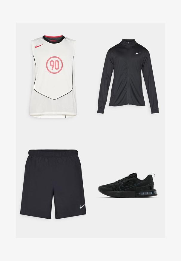 Chaqueta atlética negra con mangas largas, collar y cremallera completa. Presenta un sutil logo de Nike en blanco en la parte superior izquierda del pecho. Textura suave.; Jersey deportivo sin mangas blanco con ribete negro, logo de Nike en rojo y un "90" rojo dentro de un círculo en la parte central delantera.; Pantalones cortos deportivos negros hechos de un material ligero con una cintura elástica. Presenta un pequeño logo blanco de Nike en la parte inferior izquierda.; Zapatilla deportiva negra de Nike con parte superior de malla, suela de goma, cuello acolchado y un distintivo acento transparente en el talón.