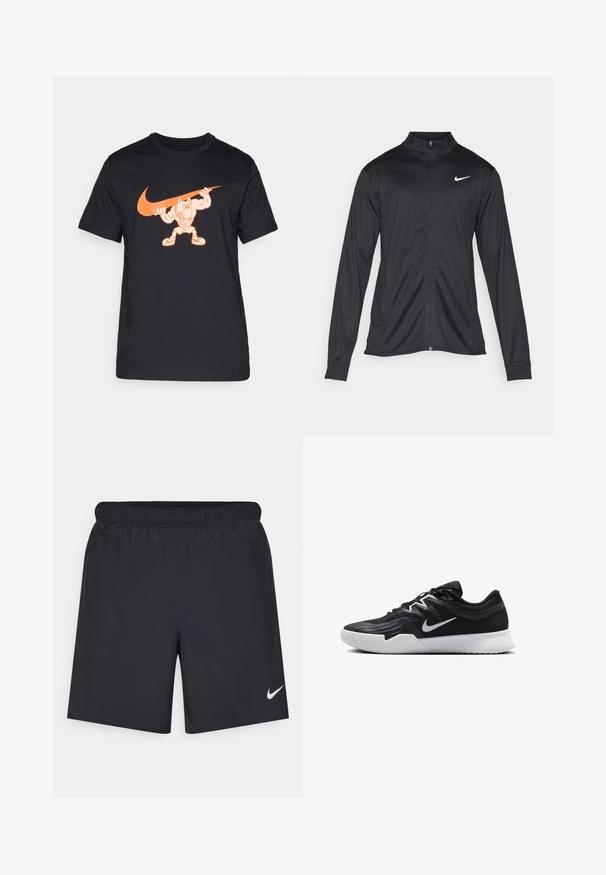 Jacket desportivo preto com mangas longas, colarinho e fecho zip completo. Apresenta um discreto logotipo da Nike em branco na parte superior do lado esquerdo do peito. Textura suave.; T-shirt preta de algodão com um personagem de cartoon laranja a levantar um logótipo da Nike. Design de mangas curtas e gola redonda.; Calças de desporto pretas feitas de material leve com uma cintura elástica. Apresenta um pequeno logótipo branco da Nike no canto inferior esquerdo.; Sapatilha atlética preta com um cabedal texturizado, swoosh branco da Nike e uma sola de borracha branca. Apresenta um design com atacadores e uma forma dinâmica.