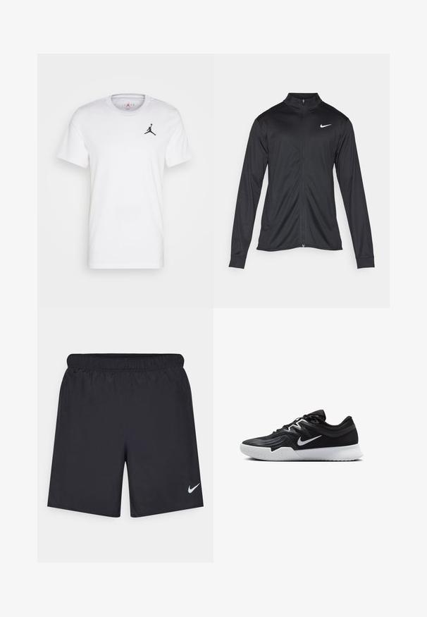 Jachetă sportivă neagră cu mâneci lungi, guler și fermoar complet. Prezintă un logo Nike subtil, alb, pe pieptul din stânga sus. Textură netedă.; Tricou alb din bumbac cu un logo negru Jordan pe partea stângă a pieptului, design cu gât rotund, mâneci scurte și textură netedă.; Pantaloni scurți atletici negri, fabricați dintr-un material ușor, cu un talie elastică. Au un mic logo alb Nike în partea stângă jos.; Pantof sport negru cu un superior texturat, swoosh alb Nike și o tălpică din cauciuc alb. Dispune de un design cu șireturi și o formă dinamică.