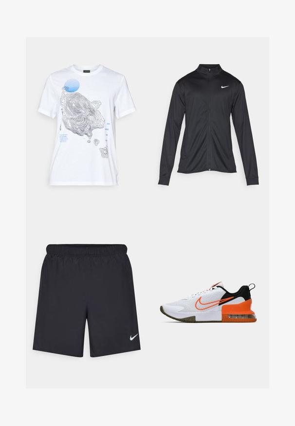 Czarna sportowa kurtka z długimi rękawami, kołnierzem i pełnym zamkiem. Posiada subtelne logo Nike w białym kolorze na lewej górnej części klatki piersiowej. Gładka tekstura.; Biała koszulka z bawełny z motywem mapy topograficznej w czerni i niebieskim, z elementami tekstowymi oraz okrągłym niebieskim akcentem. Krótkie rękawy.; Czarne spodenki sportowe wykonane z lekkiego materiału, z elastycznym pasem. Posiadają małe białe logo Nike na dolnej lewej stronie.; Białe sportowe buty z teksturowaną siateczką, czarnymi i pomarańczowymi akcentami, grubą gumową podeszwą oraz przezroczystą poduszką powietrzną w części piętowej.