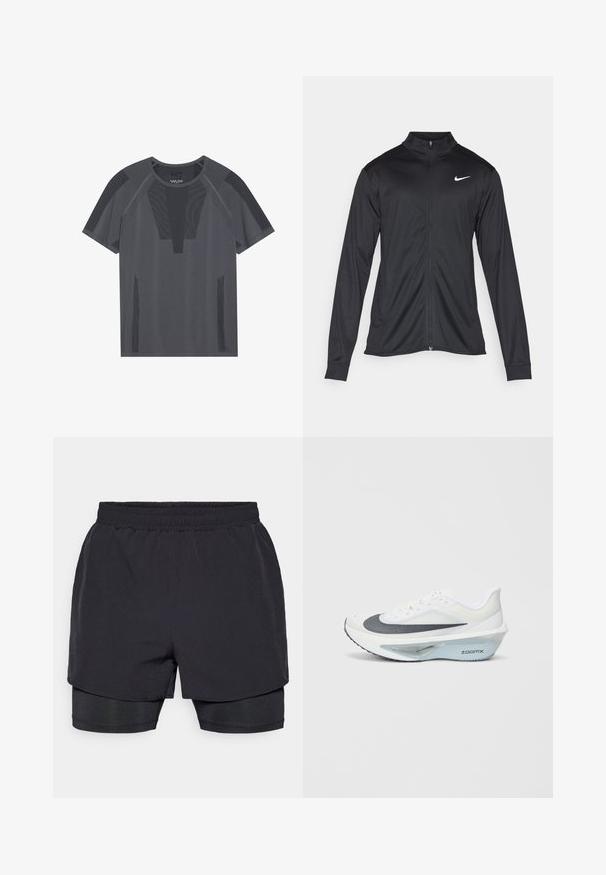 Melna sporta jaka ar garām piedurknēm, apkakli un pilnu rāvējslēdzēju. Uz kreisā krūts augšdaļas ir maigs Nike logo baltā krāsā. Gluda tekstūra.; Pelēks sporta T-krekls ar īsām piedurknēm, ar teksturētām sietu paneļiem un apaļu kakla izgriezumu, izstrādāts elpojamībai un komfortam.; Melni sporta šorti ar elastīgu jostasvietu, slāņotā dizainā un pieguļošu iekšējo oderi. Gluda tekstūra, izstrādāti ērtai valkāšanai.; Baltas sporta apavs ar pelēku sieta augšdaļu, zilas ZoomX putas vidusdaļā un izliekts zole, kas nodrošina uzlabotu propelēšanu un komfortu.