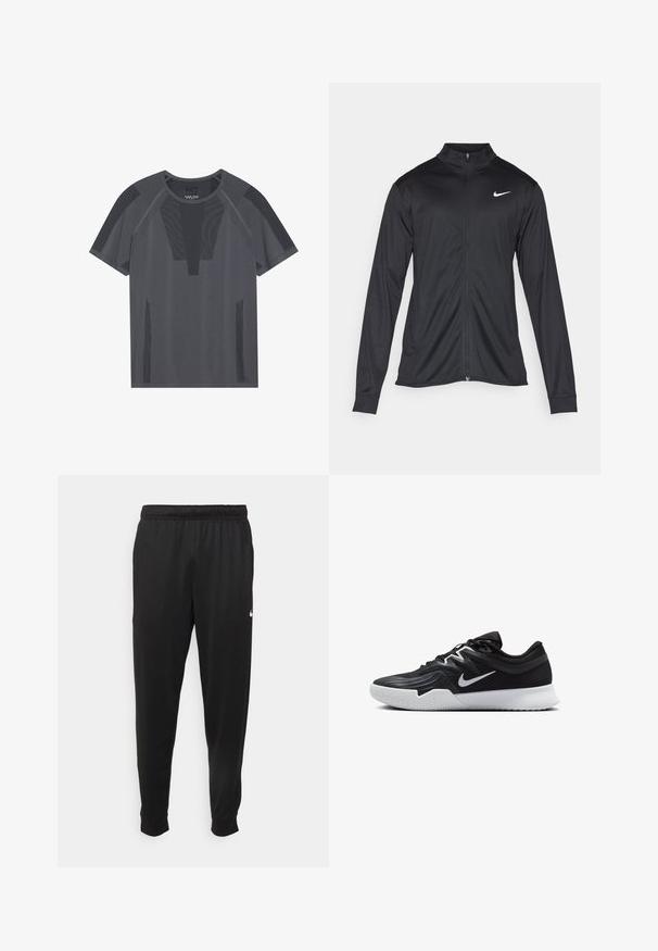 Svart idrettsjakke med lange ermer, krage og full glidelås. Har en subtil Nike-logo i hvitt på øvre venstre bryst. Glatt tekstur.; Grå treningst-skjorte med korte ermer, med teksturerte mesh-paneler og rund hals, designet for pusteevne og komfort.; Svarte treningsbukser laget av glatt stoff, med elastisk midje, smale ben og en liten hvit logo på venstre side.; Svart treningssko med teksturert overdel, hvit Nike-swoosh og hvit gummisåle. Har snøring og en dynamisk form.
