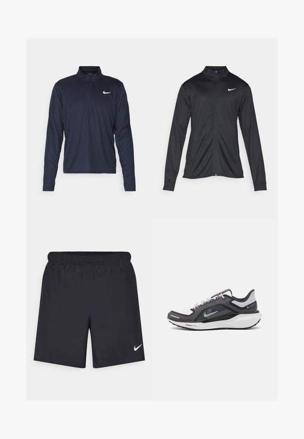 Svart idrettsjakke med lange ermer, krage og full glidelås. Har en subtil Nike-logo i hvitt på øvre venstre bryst. Glatt tekstur.; Nike Performance PACER TOP - Topper langermet - obsidian/silver; Svart sportskjørt laget av lett materiale med elastisk linning. Har en liten hvit Nike-logo nederst til venstre.; Svart og grå atletisk sko med mesh-overdel, refleksdetaljer og hvit mellomsåle. Har strukturert gummisåle og lisser.