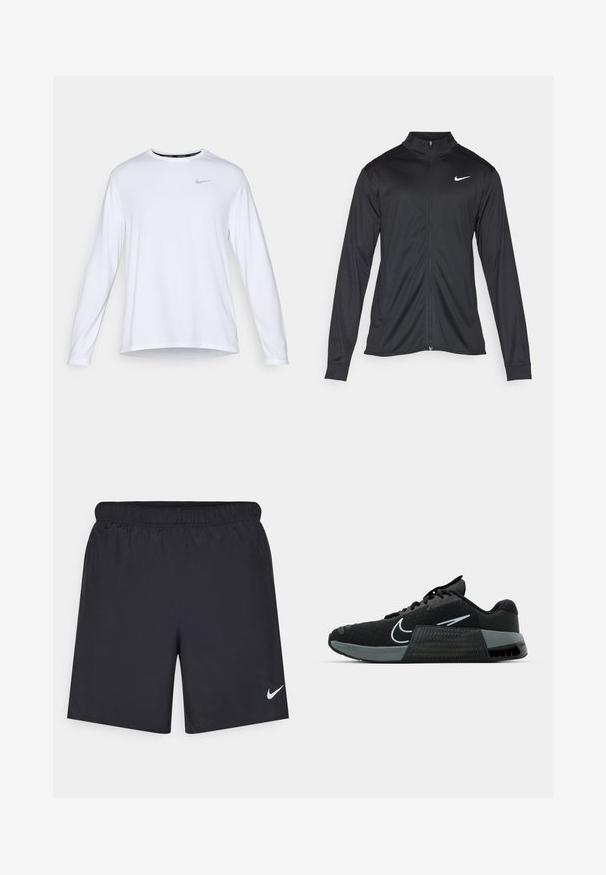 Musta urheilutakki pitkillä hihoilla, kauluksella ja kokonaisella vetoketjulla. Täydentää hienovarainen Nike-logo valkoisena vasemmassa ylärinnassa. Litteä pinta.; Pitkähihainen valkoinen urheilupaita, joka on valmistettu hengittävästä kankaasta. Paidassa on pyöreä kaulus, sivureikä ja heijastava harmaa Nike-logo rinnassa.; Mustat urheilushortsit, jotka on valmistettu kevyestä materiaalista ja joissa on joustava vyötärö. Alareunassa vasemmalla puolella on pieni valkoinen Nike-logo.; Musta urheilukenkä, jossa on verkkoyläosa, harmaat yksityiskohdat ja teksturoitu välikerros. Varustettu huomattavalla logolla ja nyörityksellä. Kumipohja tarjoaa pitoa.